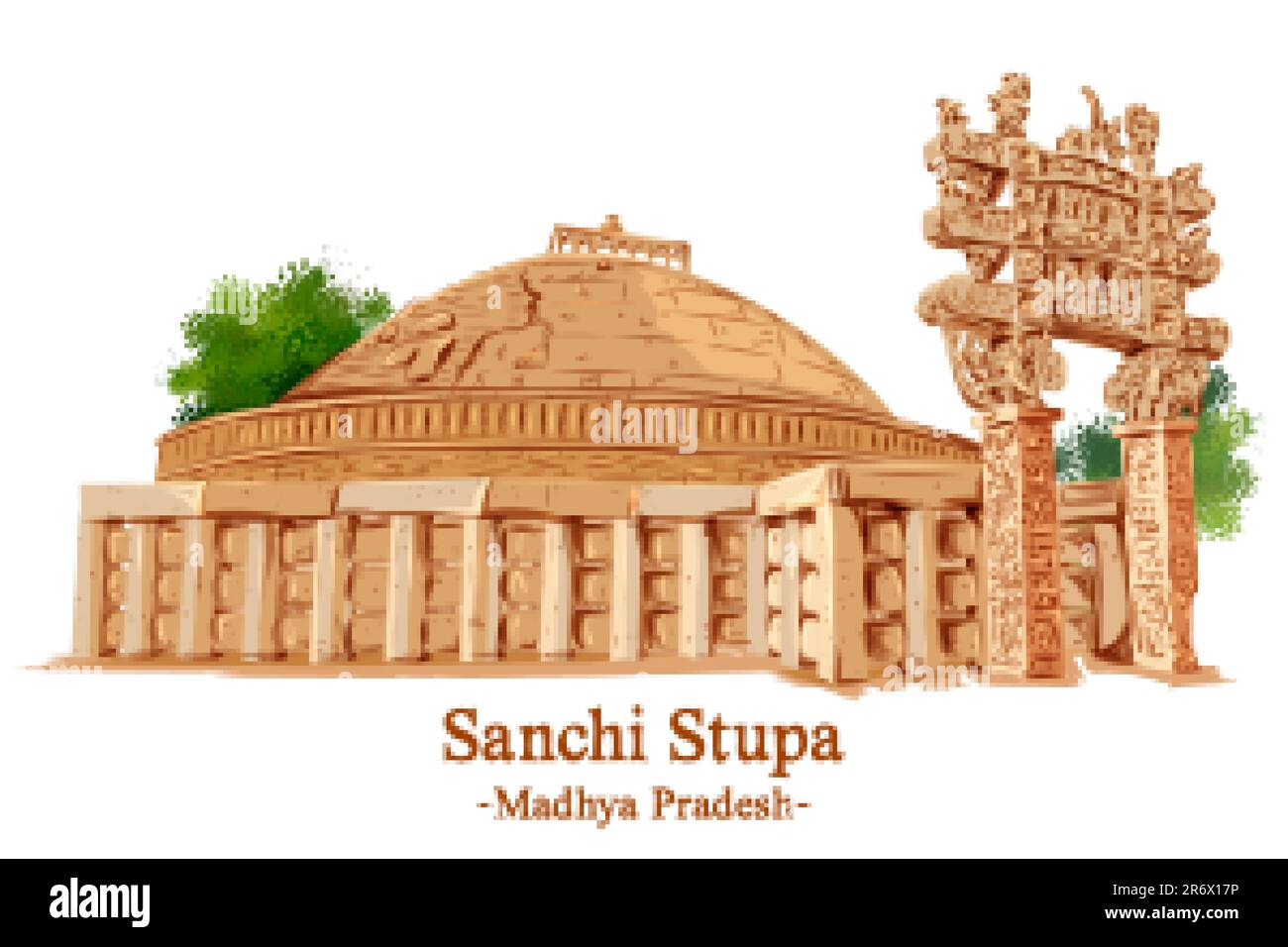 illustration of Sanchi Stupa a Buddhist comple in Raisen District of the State of Madhya Pradesh, India Stock Vector