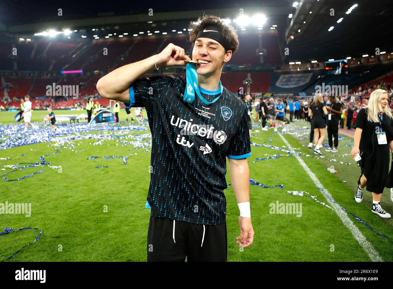 Soccer Aid World XI's Noah Beck with their winners medal, following