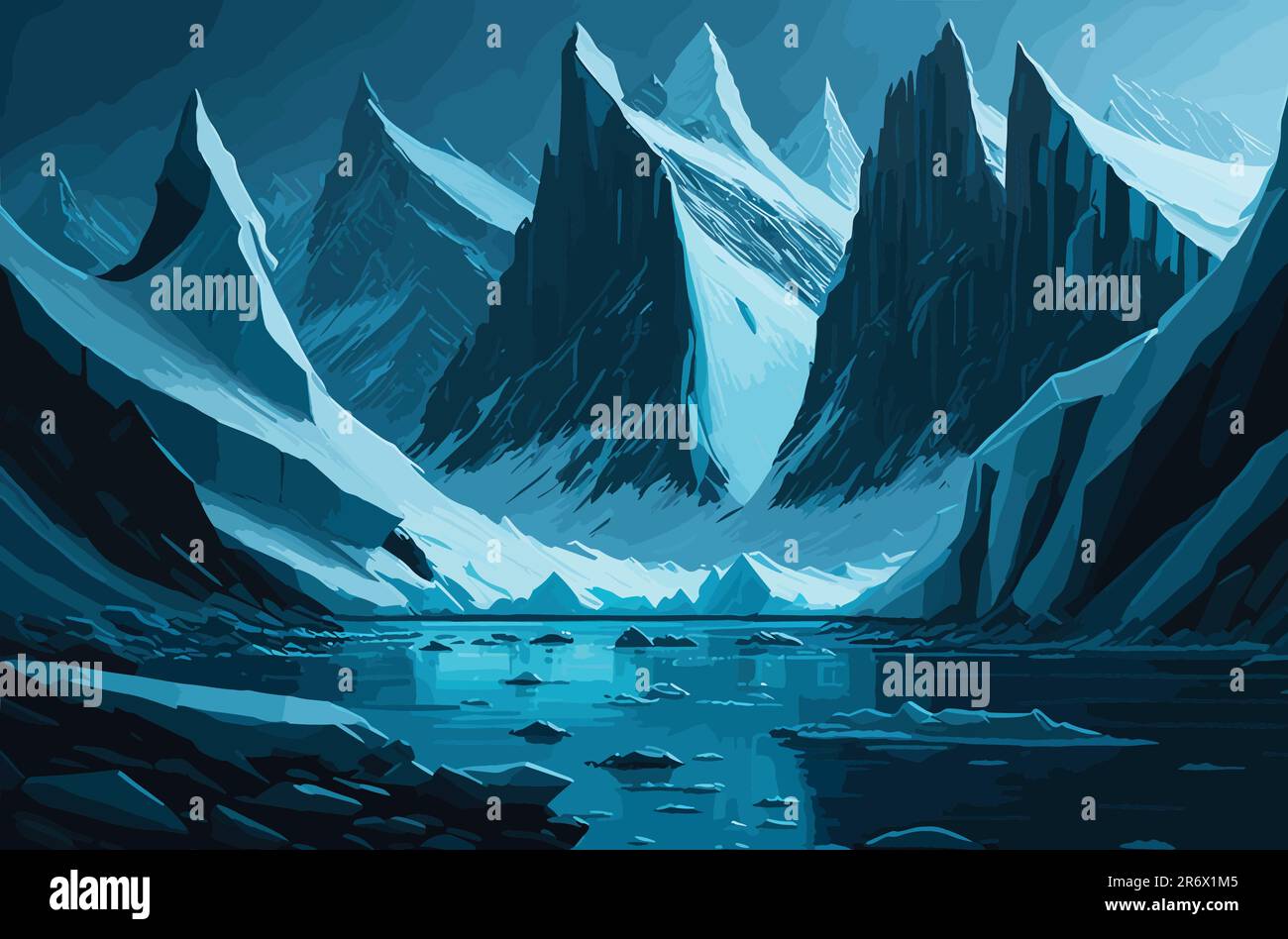 A remote, icy landscape in the Arctic or Antarctic, featuring towering icebergs, a pristine frozen ocean, and a glimpse of polar wildlife such as Stock Vector