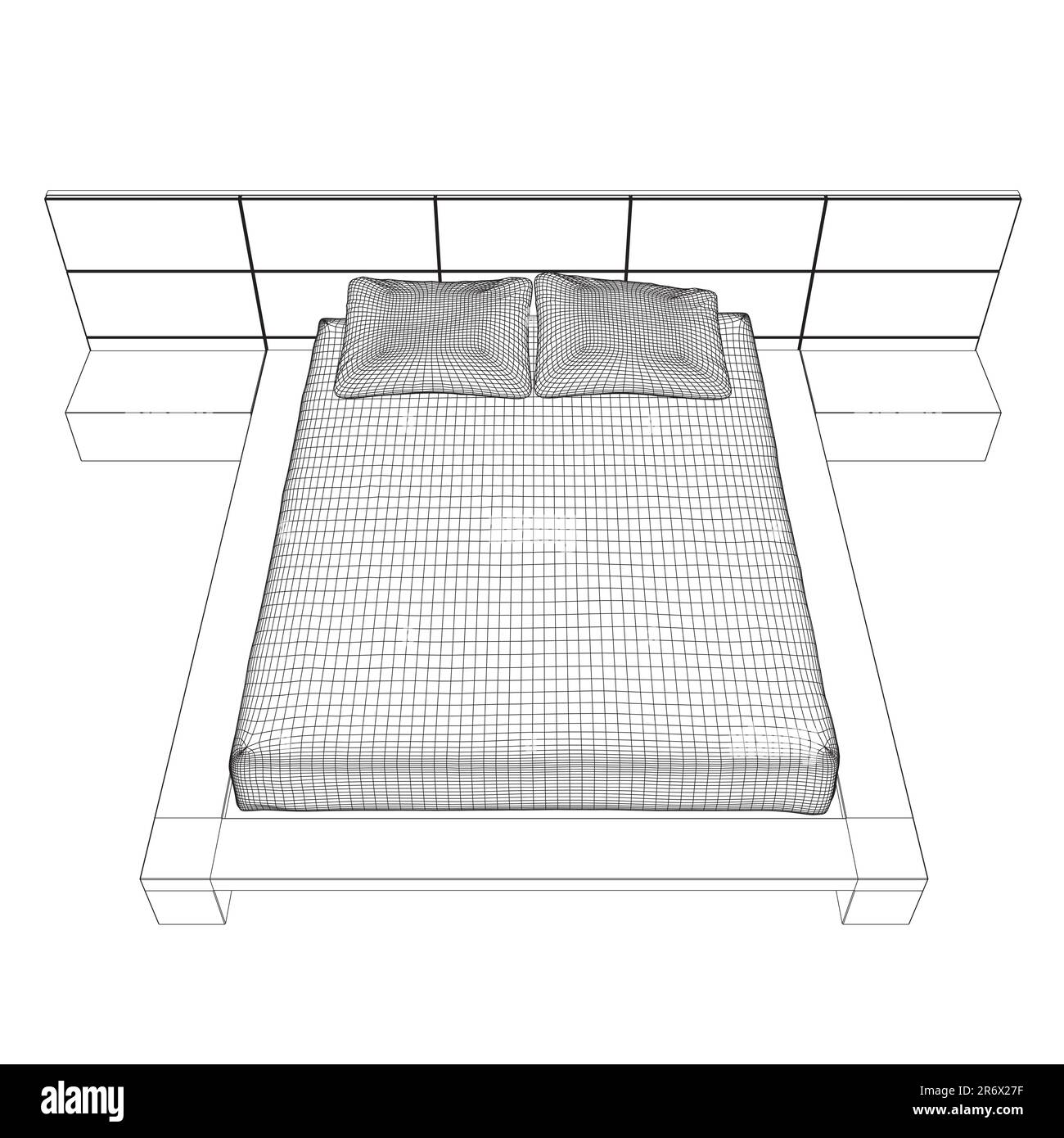 Wireframe drawing of double bed. Modern comfortable luxury furnitures for bedroom. Wireframe of a sleeping bed with pillows from black lines isolated Stock Vector
