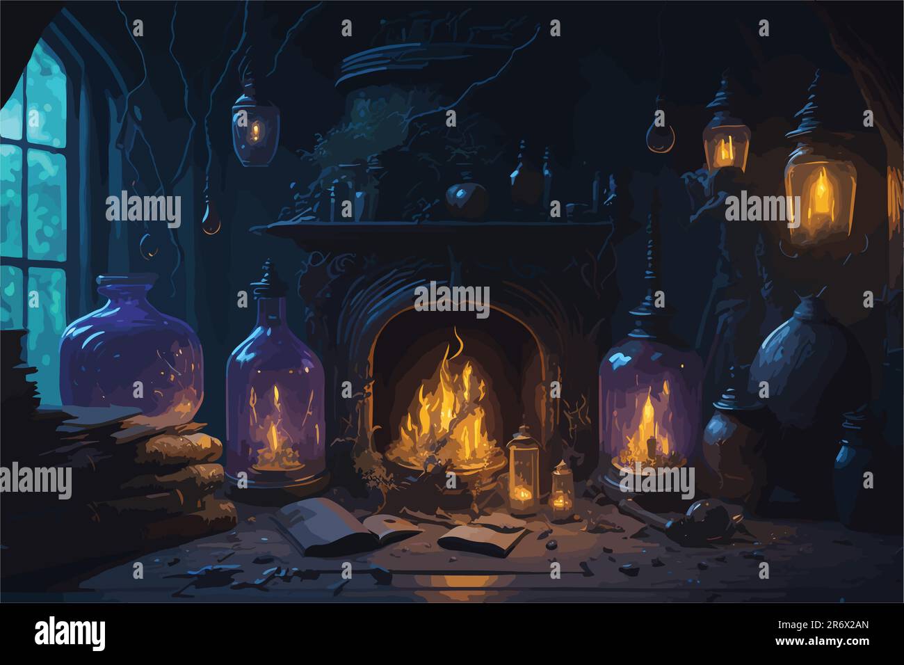 A witch's den filled with potion bottles, spell books, and magical