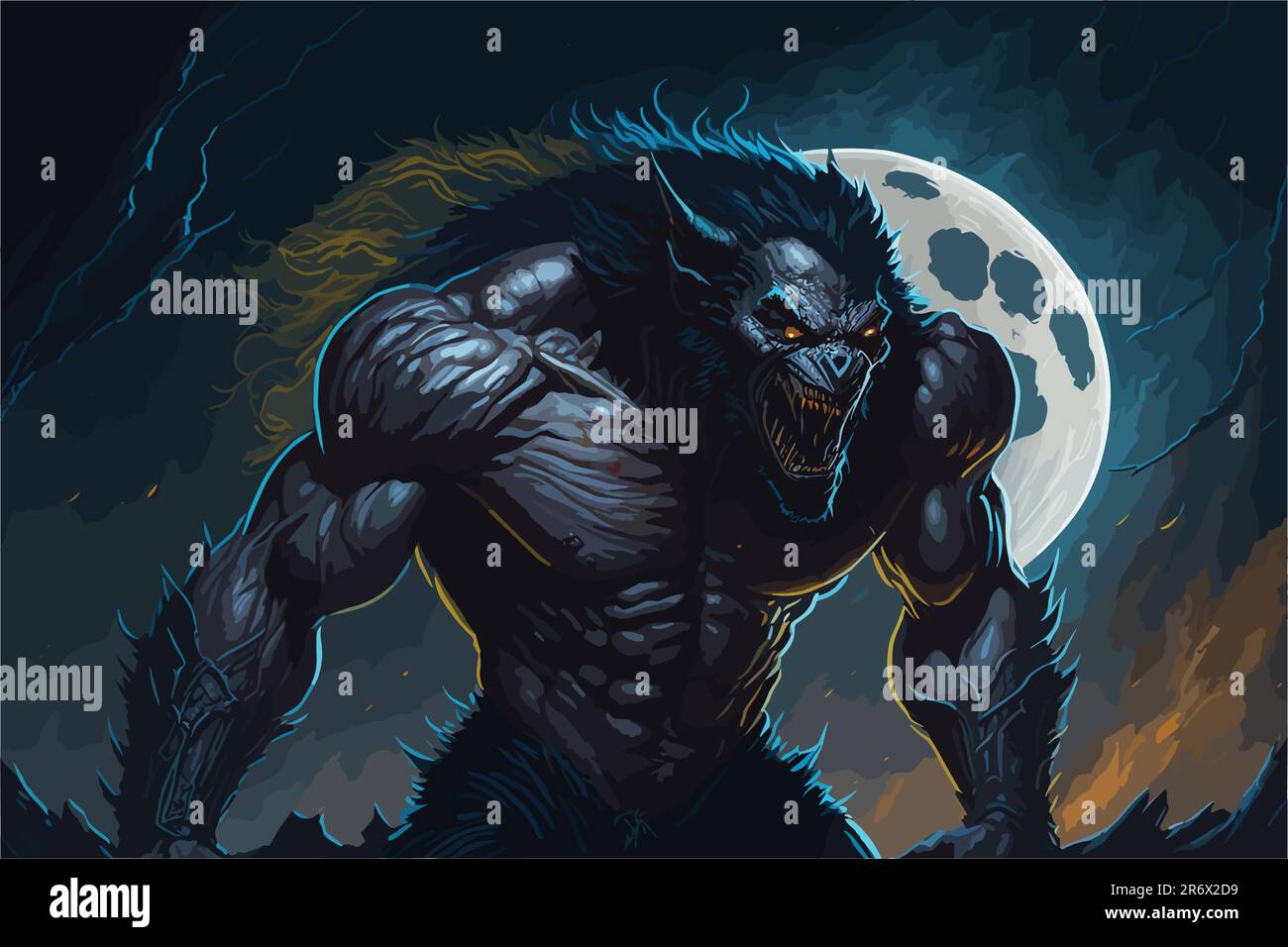 A fearsome werewolf, caught midtransformation under a full moon. The