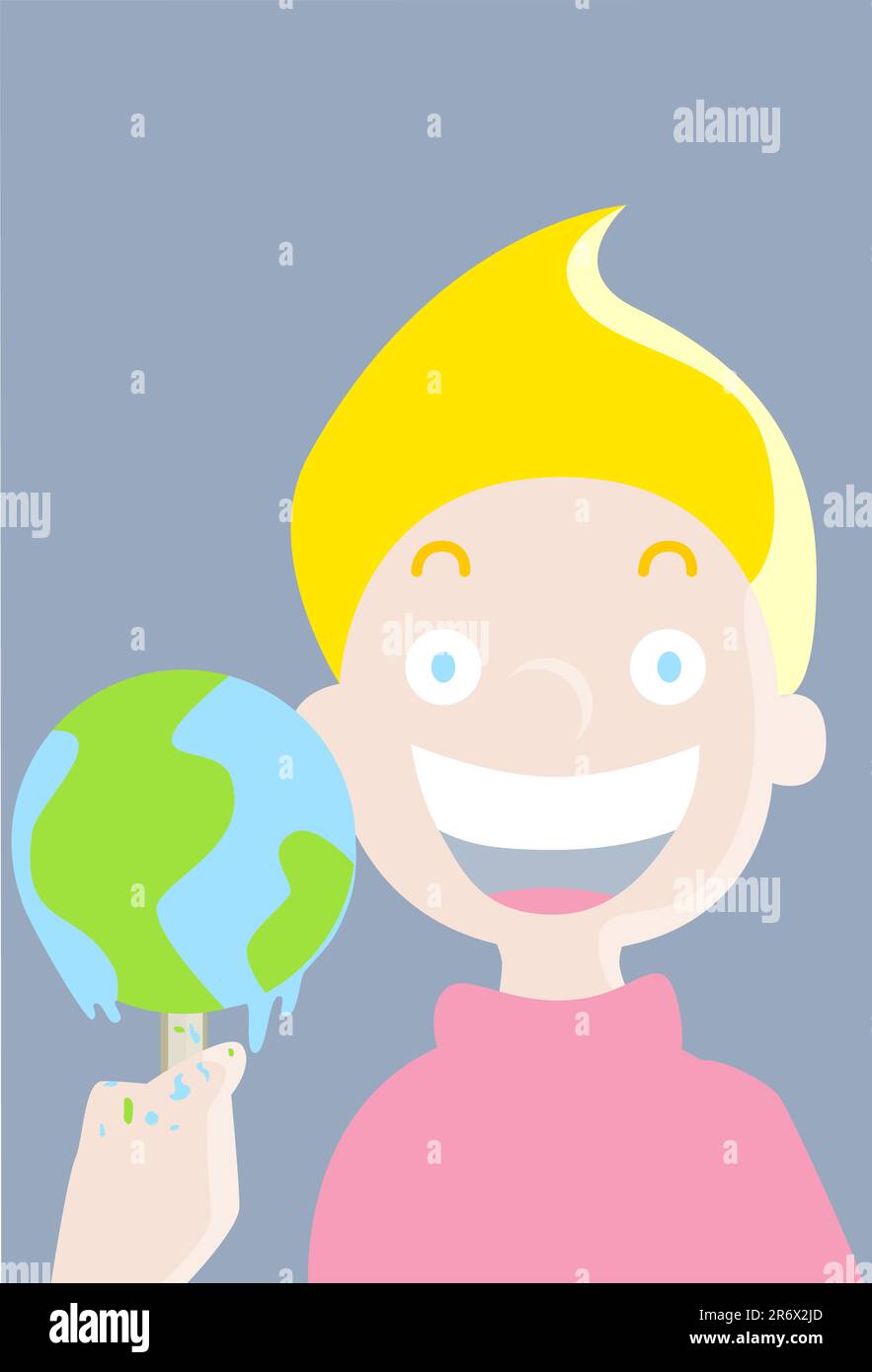 Cartoon image of a child eating ice cream in the shape of planet earth