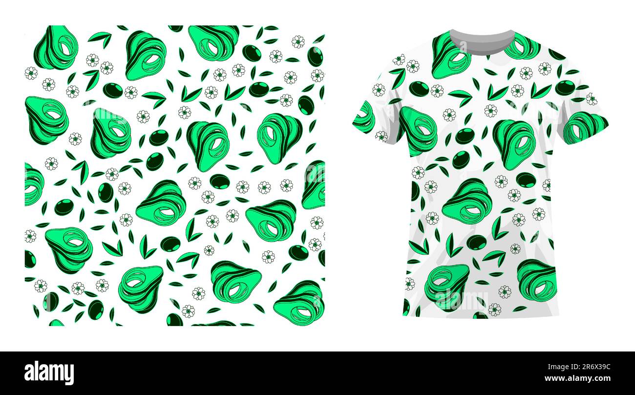Short sleeved cotton sports t shirt decorated Avocado cutting fruit seamless pattern with leaves and flowers. Comfortable summer clothes. Vector ornam Stock Vector
