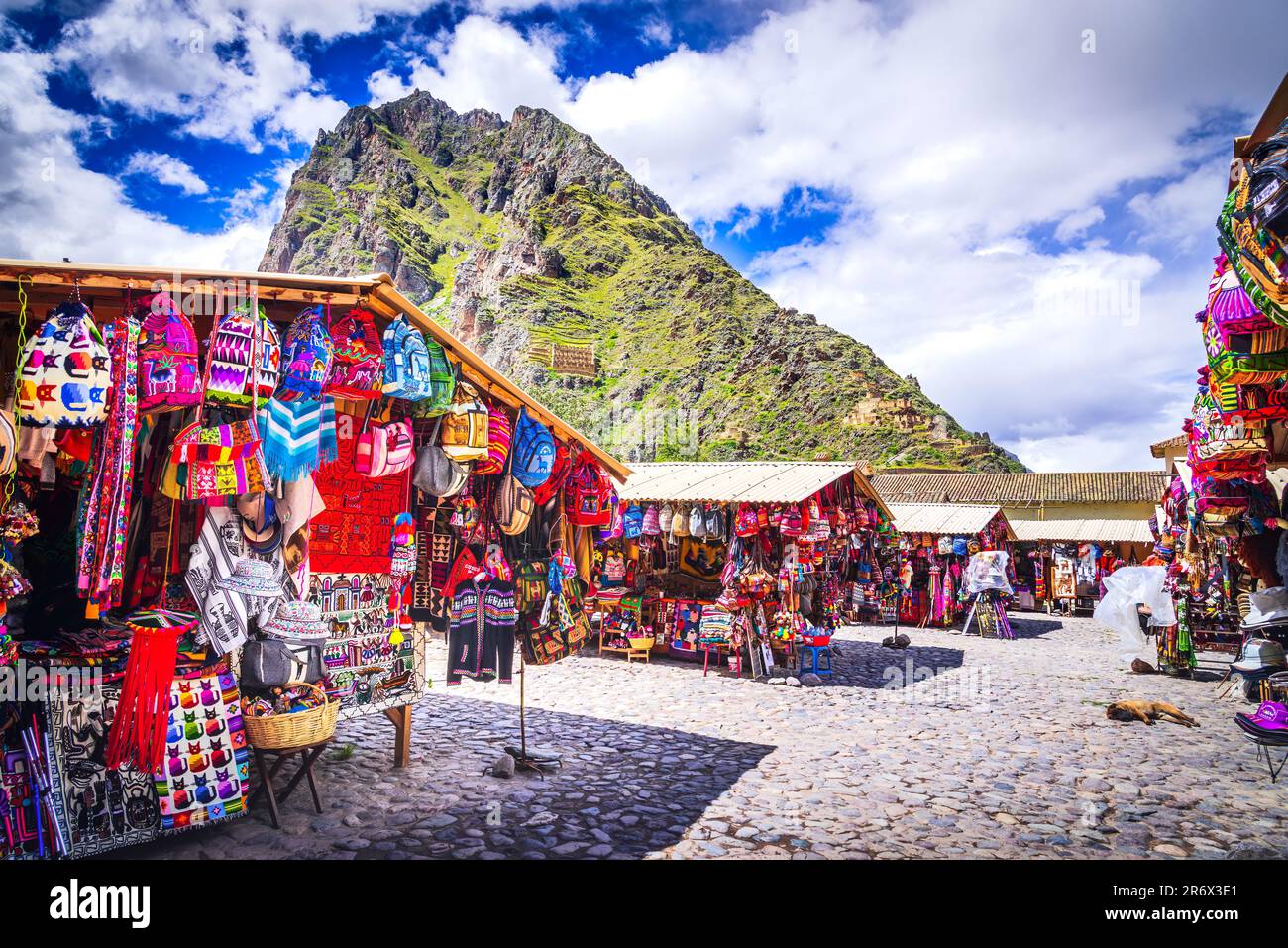 Ollantaytambo, Peru - April 2017. Souvenir store and entrance to Inca Ruins and Terraces, Sacred Valley. Stock Photo