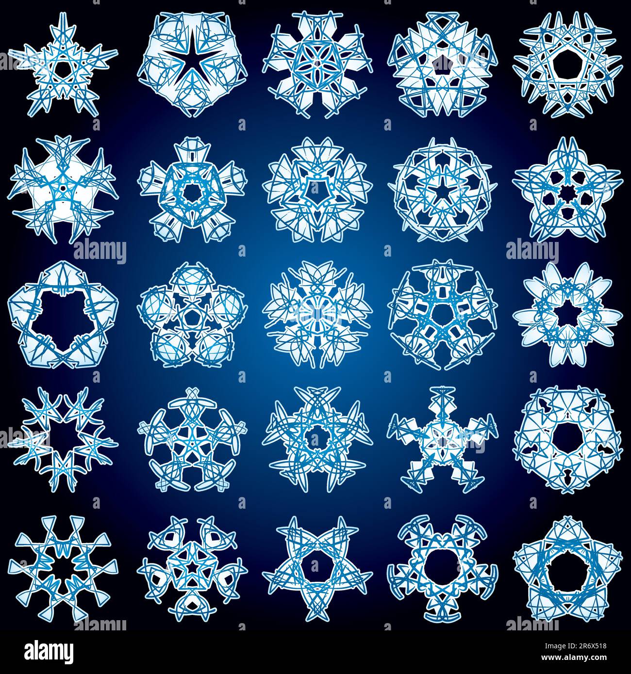 Set of 25 a five-rays crystal gradient snowflakes. Vector illustration ...