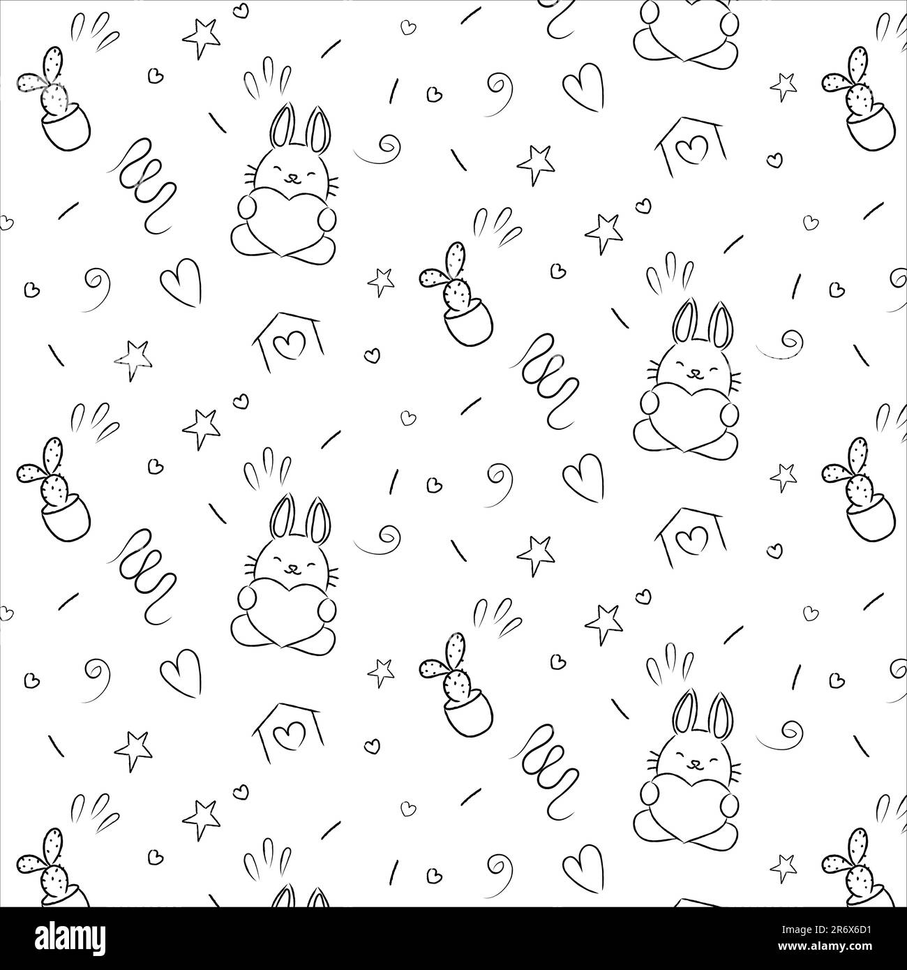 Patter hand-drawn in doodle style, children, drawn: bunny, heart, star, cactus Stock Vector
