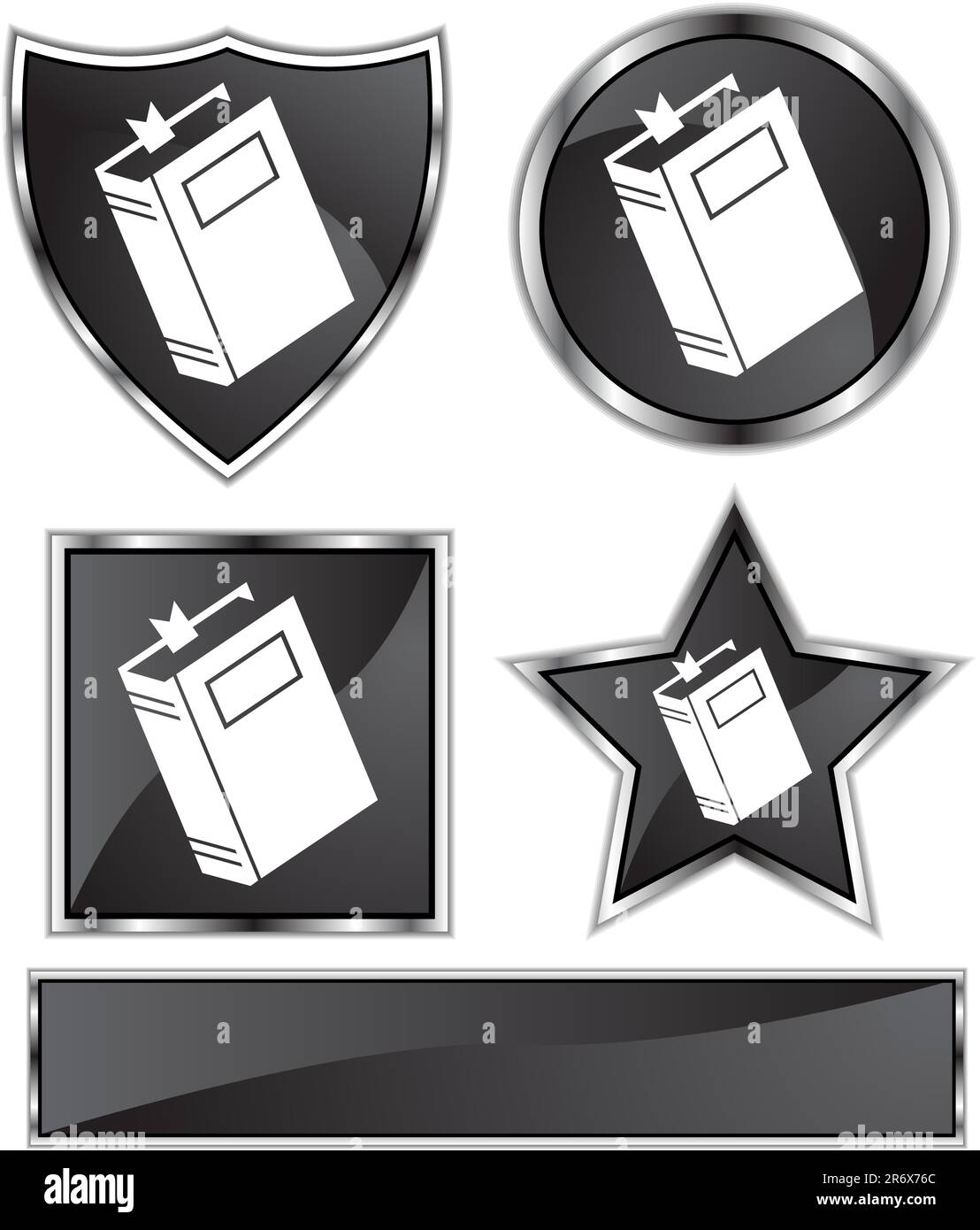 Black satin and chrome buttons in star, shield, circle and square shapes. Stock Vector