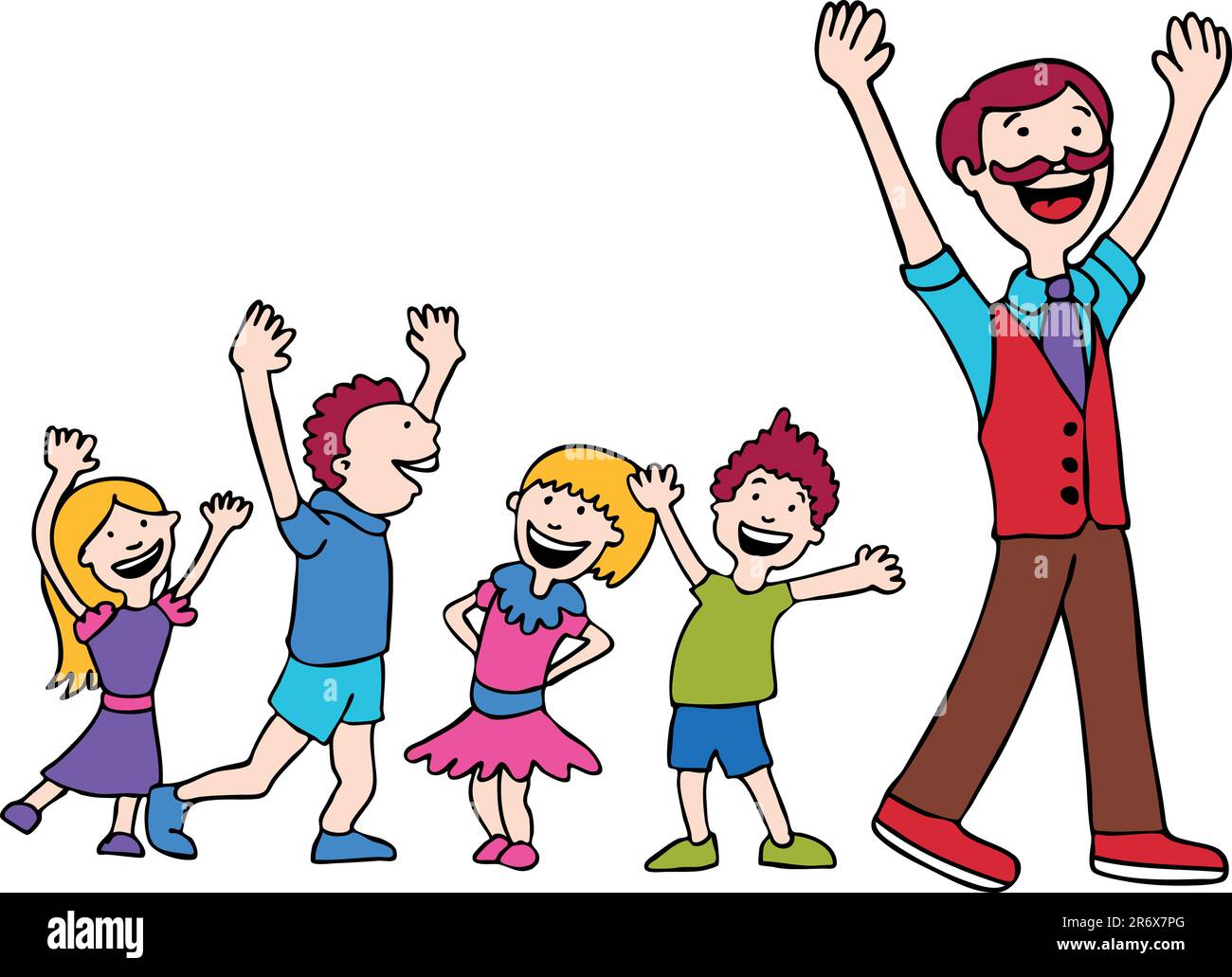 Children dance in a line following dad. Stock Vector