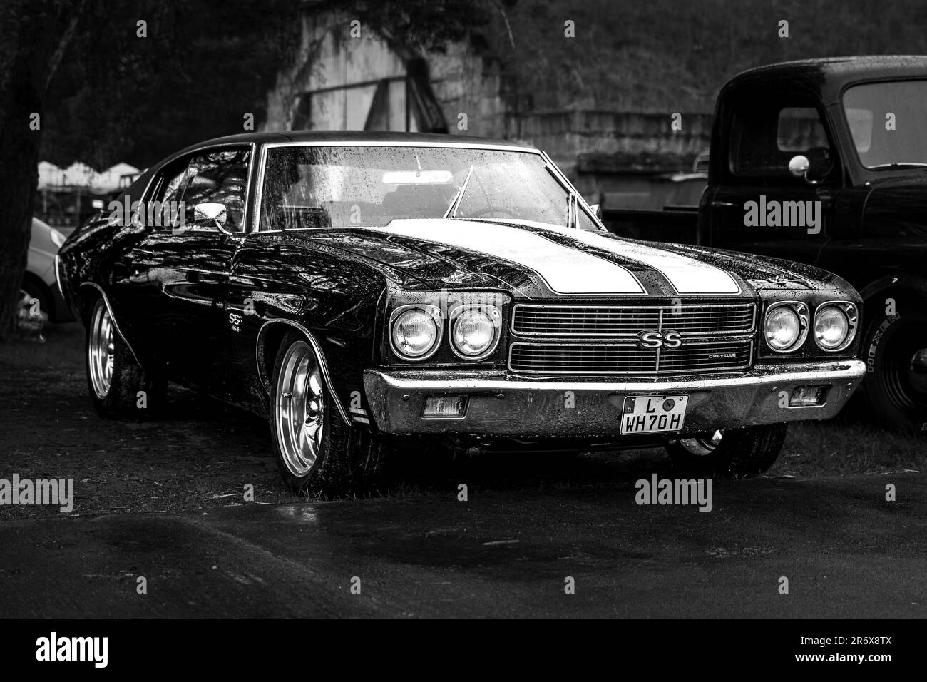 FINOWFURT, GERMANY - MAY 06, 2023: The mid-size car Chevrolet Chevelle Hardtop Coupe, 1970. Black and white. Race festival 2023. Season opening. Stock Photo