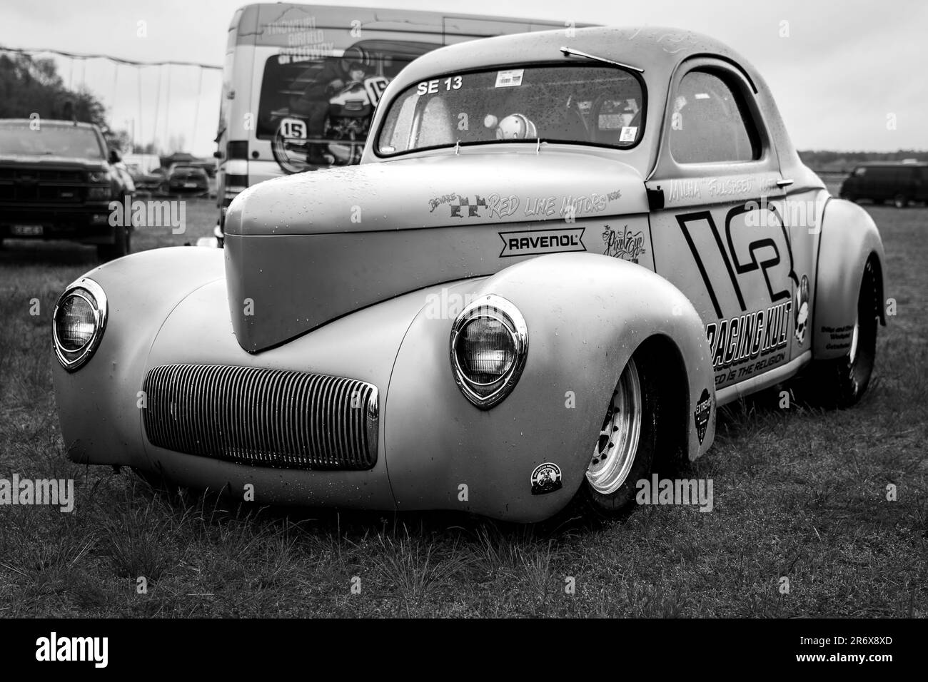 FINOWFURT, GERMANY - MAY 06, 2023: The Hot Rod 1941 Willys Coupe by Micha 'Fullspeed' Vogt. Black and white. Race festival 2023. Season opening. Stock Photo