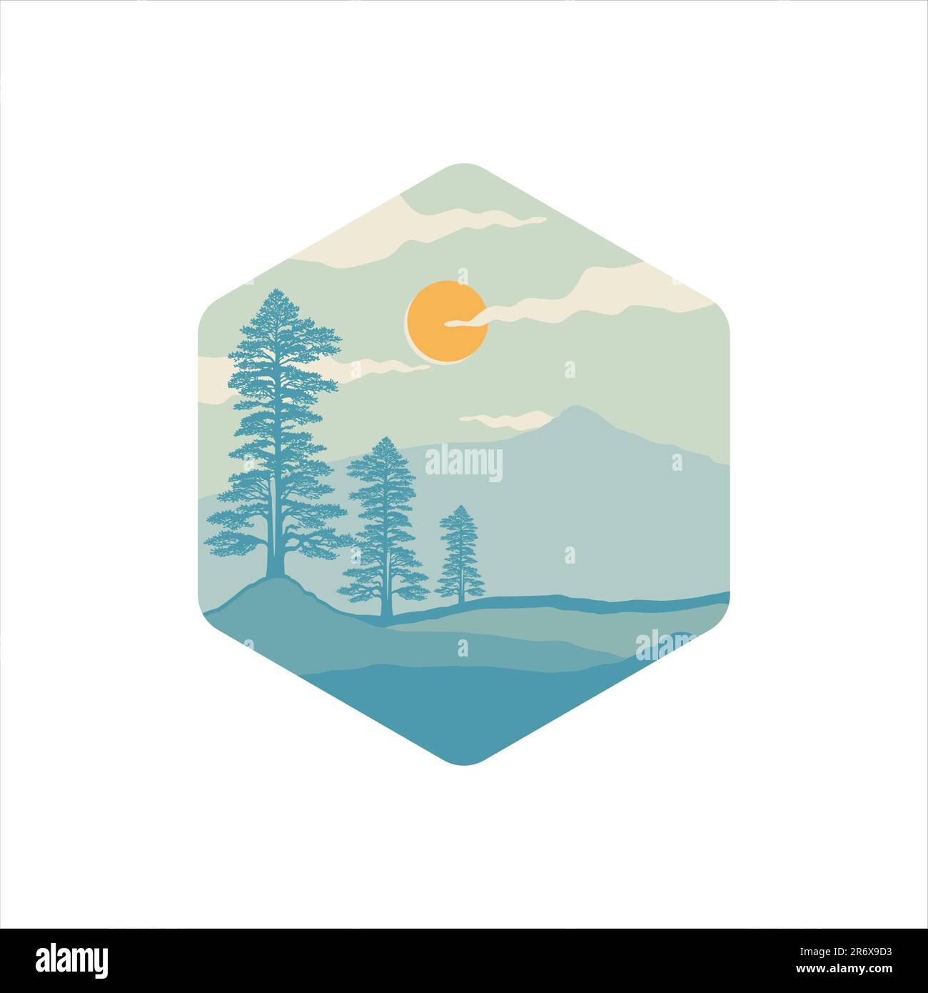 pine trees landscape logo design vector illustration with mountain view Stock Vector