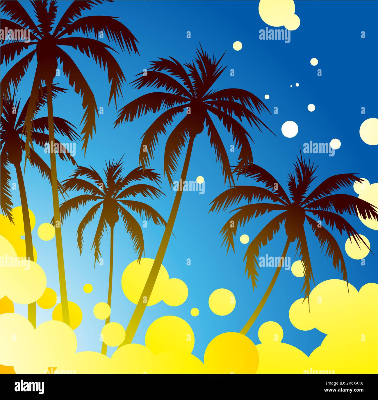 Blue and Yellow Background with Palm Trees and Bubbles Stock Vector