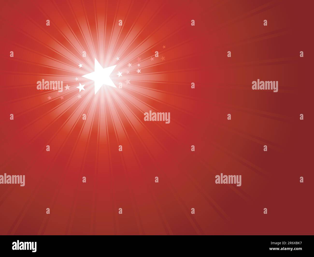 Red horizontal Christmas and New Years background. Shining white Christmas star surrounded by little stars in upper left third of image. Use of rad... Stock Vector