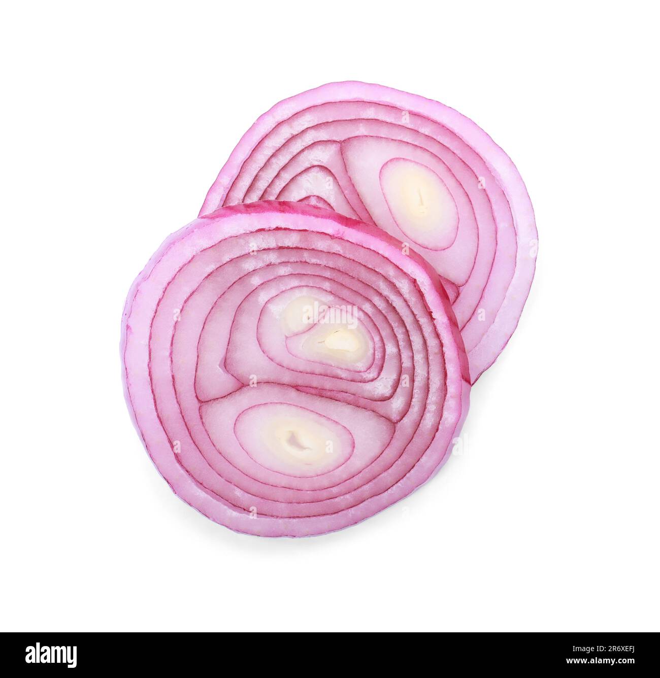 Slices of onions for burger on white background, top view Stock Photo