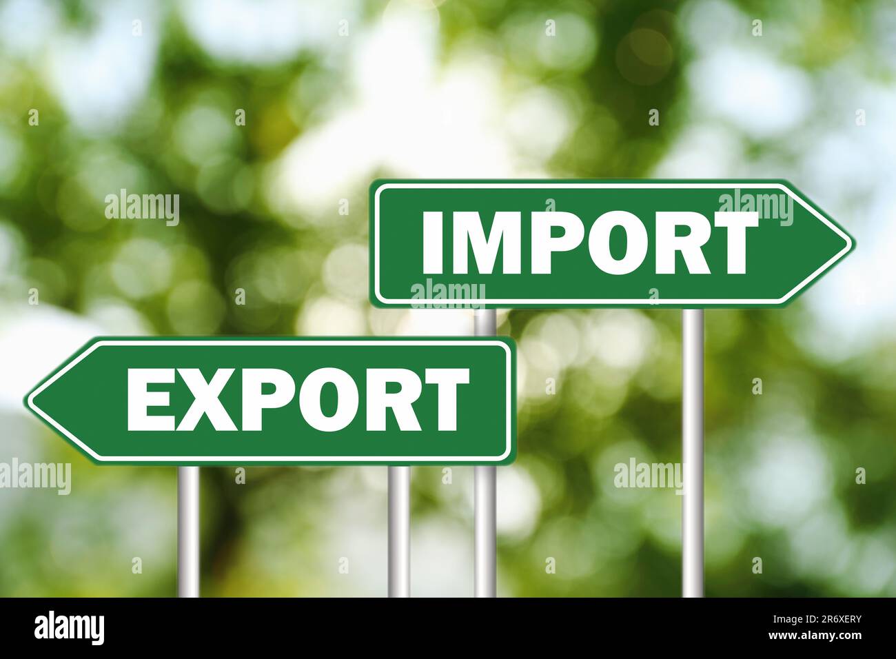 Road sign with Import and Export words on arrows pointing in opposite
