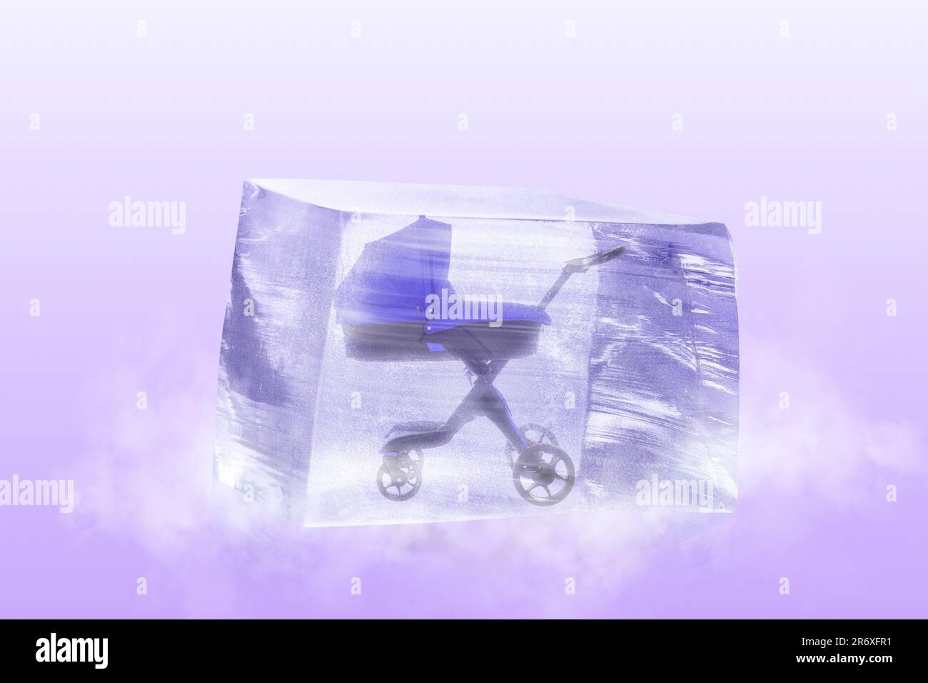Conservation of genetic material. Baby carriage in ice cube as cryopreservation on violet background Stock Photo