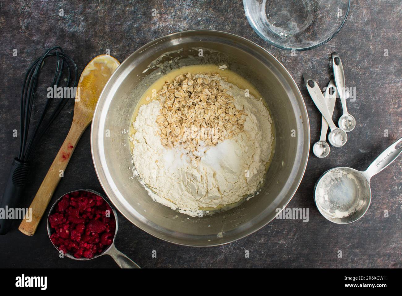 Dry Muffin Batter Ingredients in a Mixing Bowl Viewed from Directly