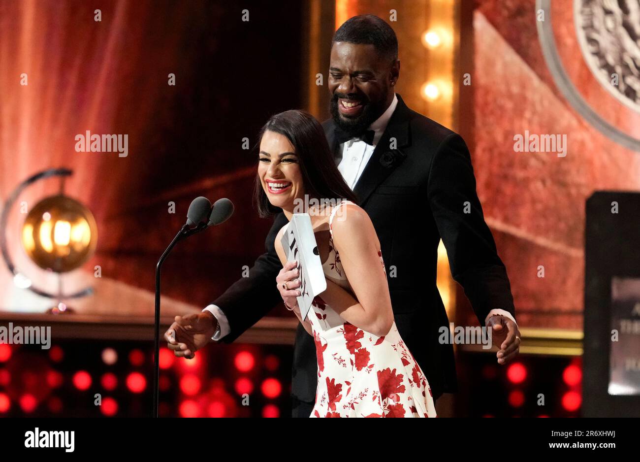 Colman Domingo left and Lea Michele present the award for best