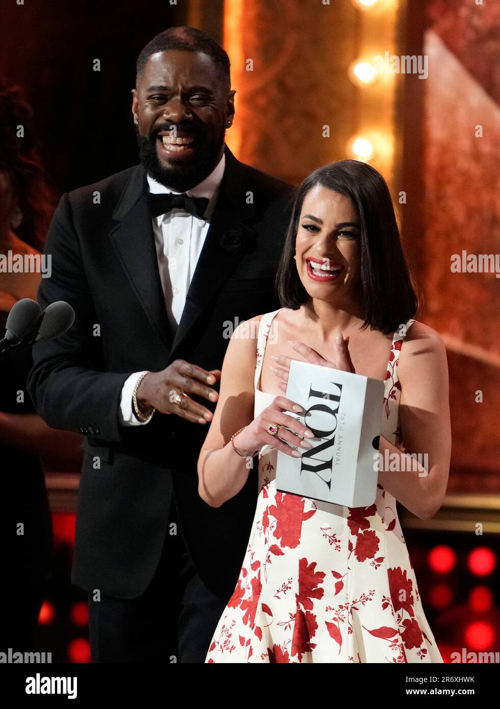 Colman Domingo left and Lea Michele present the award for best