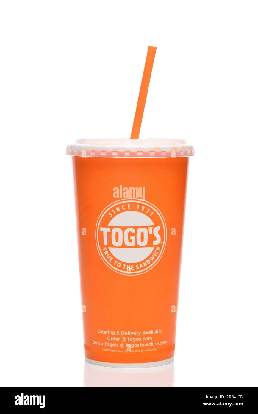 IRVINE, CALIFORNIA - 8 JUNE 2023: A Togos Eatery disposable drink cup with straw, a sandwich shop with franchises in 5 western states. Stock Photo