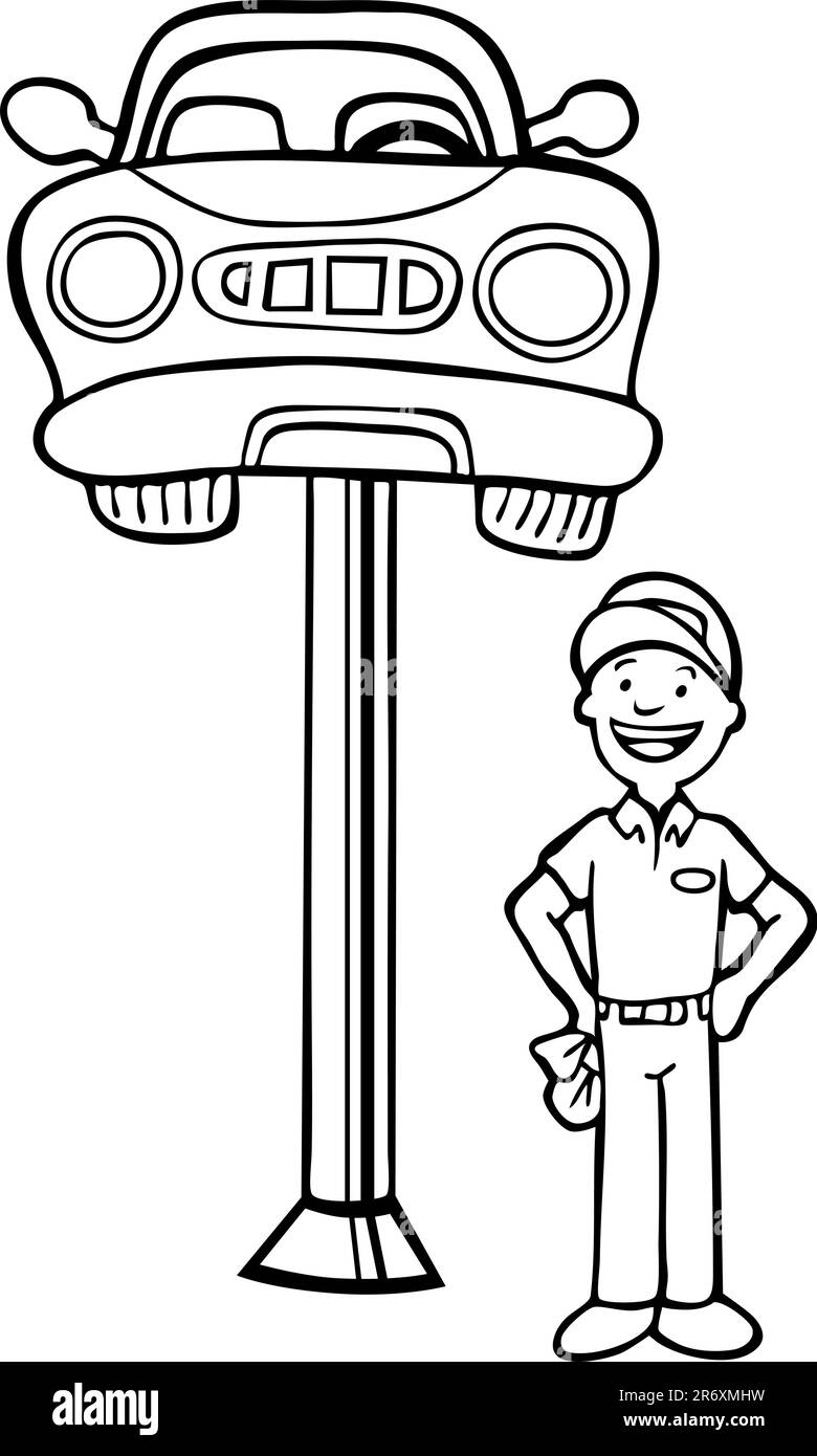 Repairman standing next to a car lifted in the air by a hydraulic lift device in a black and white cartoon style. Stock Vector