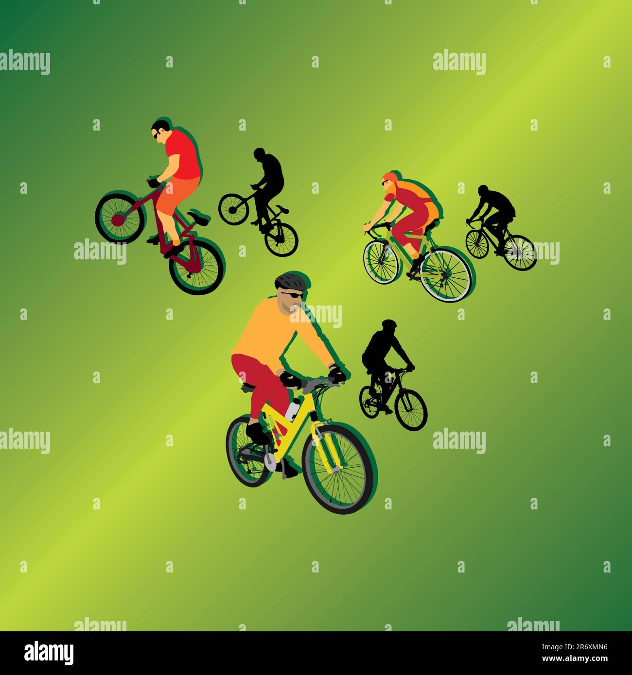 three bicyclists on gradiented background, vector illustration Stock Vector