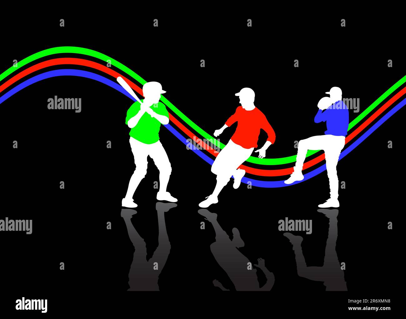 baseball players with reflection on the floor, vector illustration ...
