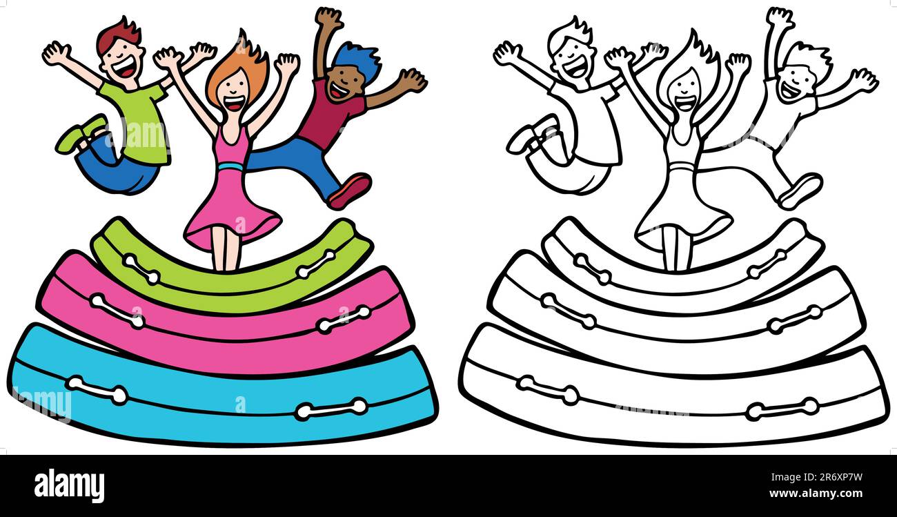 Cartoon image of kids bouncing on air mattresses - both color and black / white versions. Stock Vector