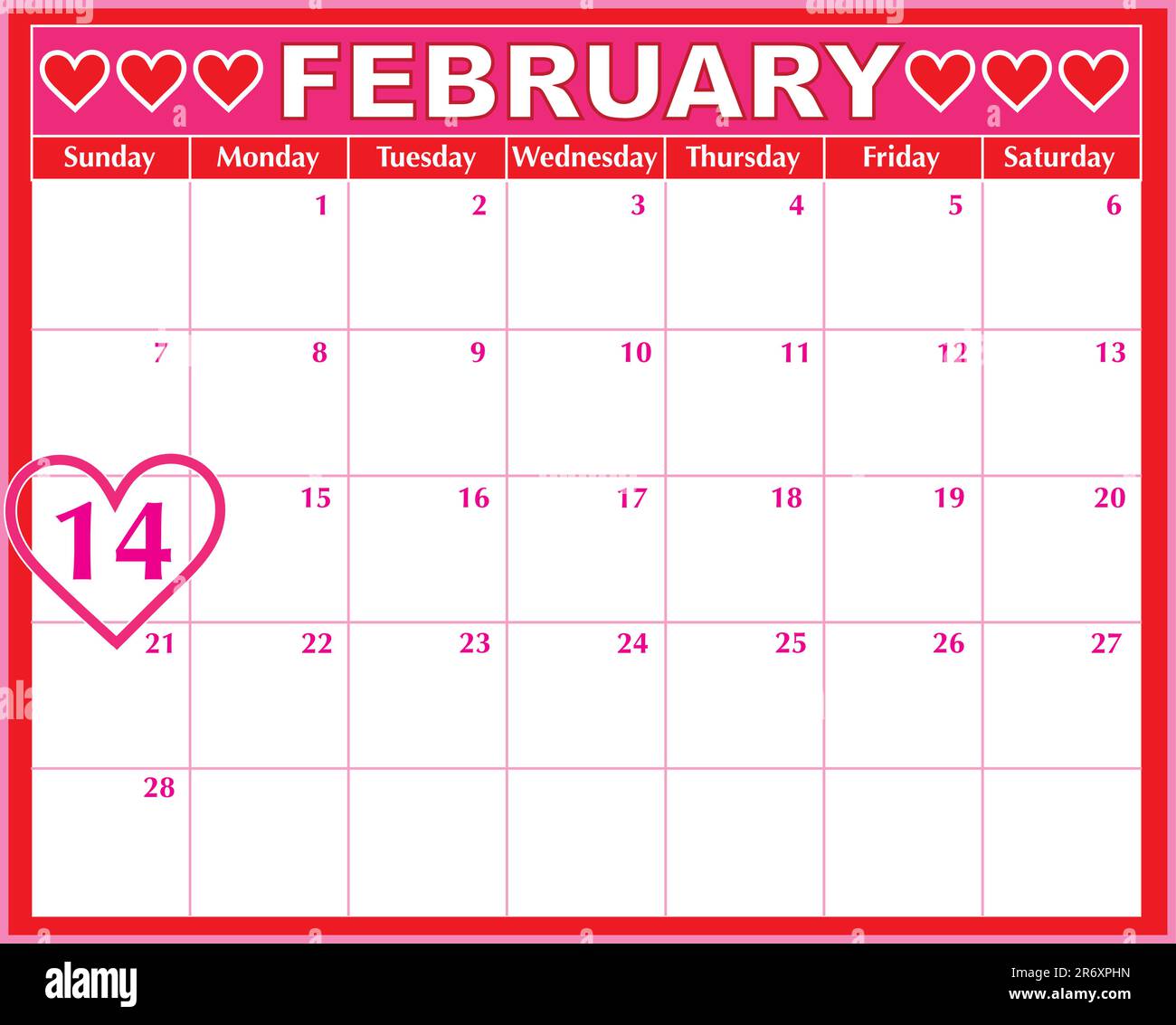 A February calendar showing the 14th prominently Stock Vector Image ...