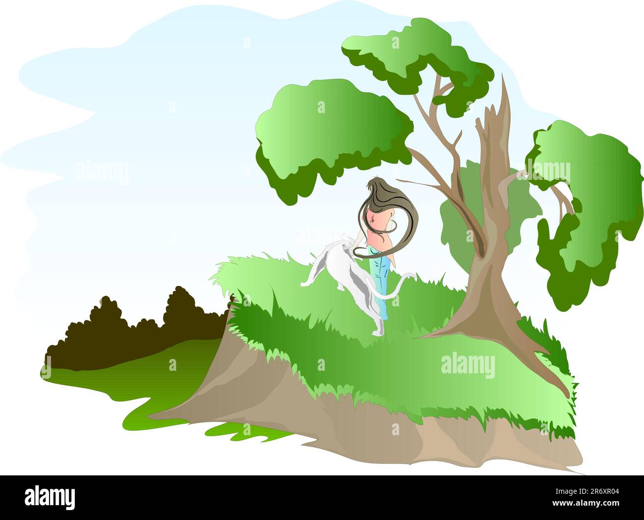 vector drawing girls with a snow leopard on a hill Stock Vector