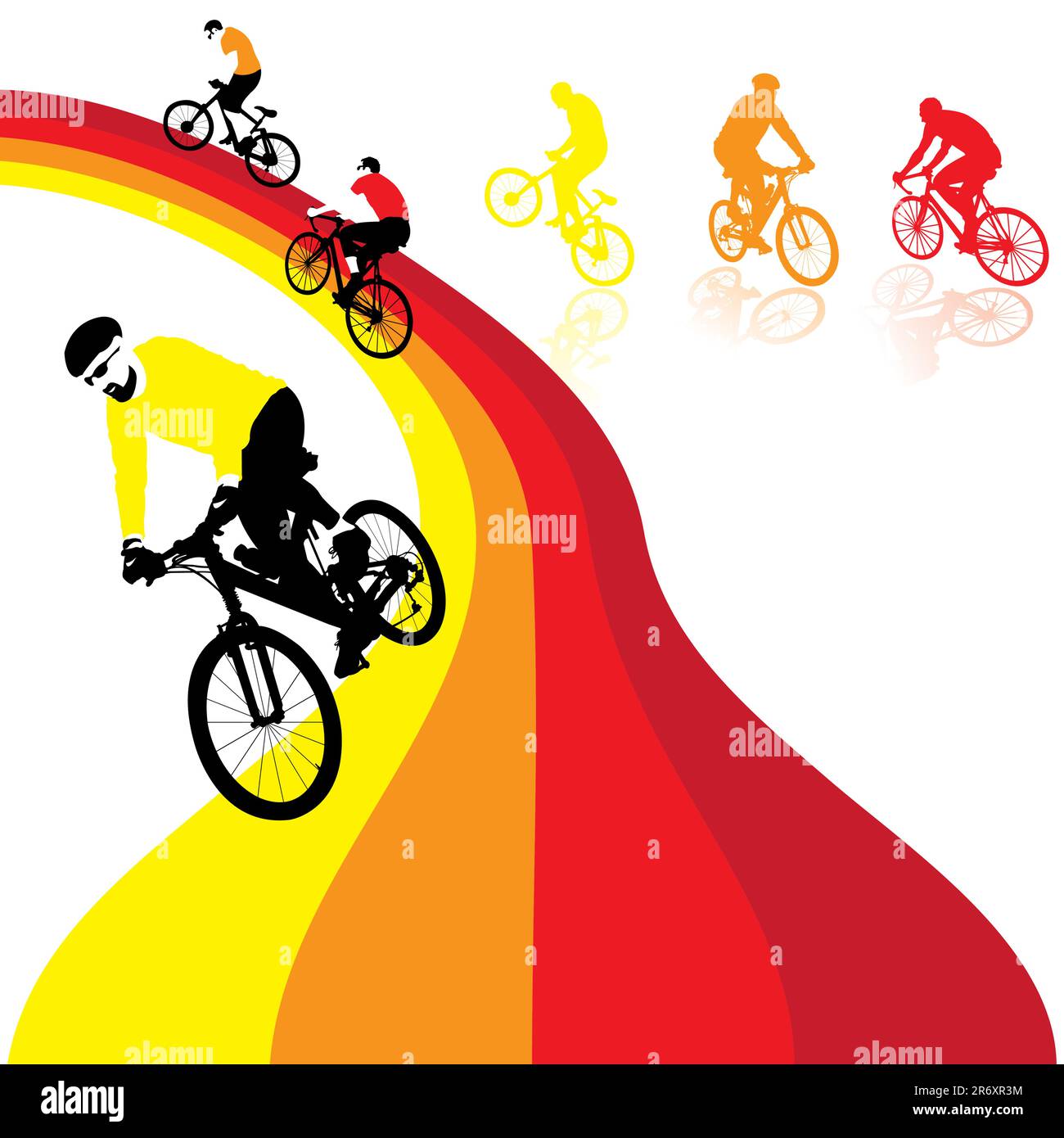 three bicyclists riding the rainbow, vector illustration Stock Vector