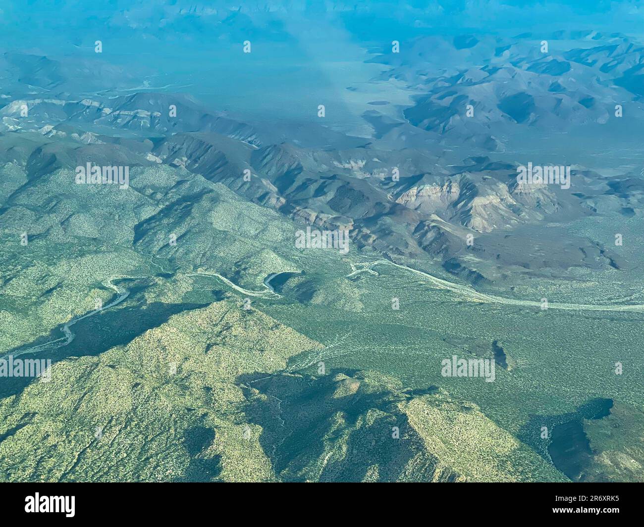Aerial view of the desert and the mountains of Baja California Sur from
