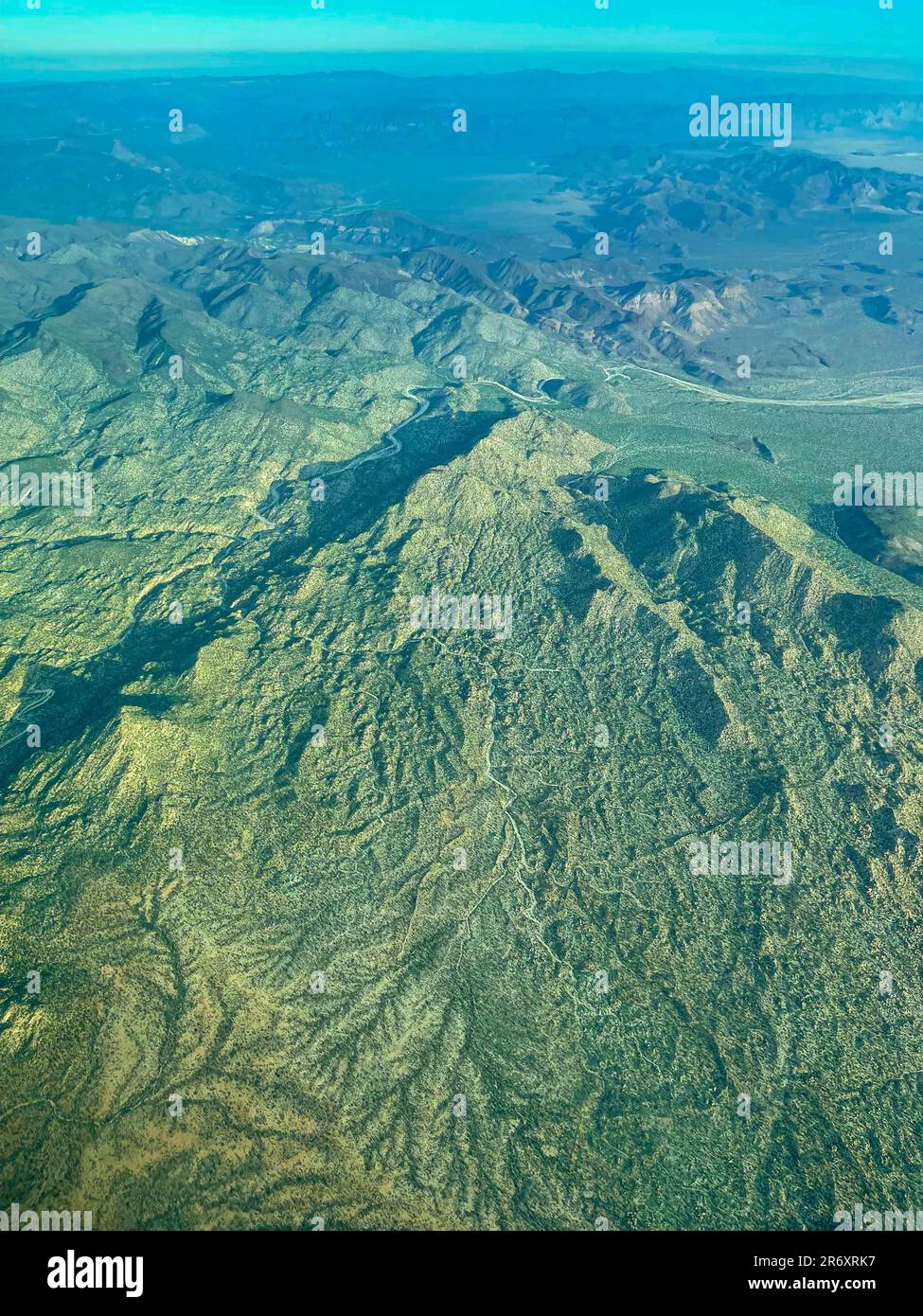 Aerial view of the desert and the mountains of Baja California Sur from