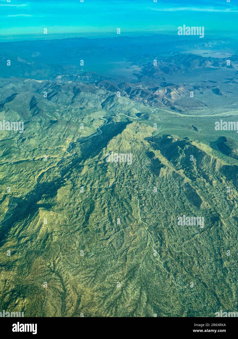 Aerial view of the desert and the mountains of Baja California Sur from