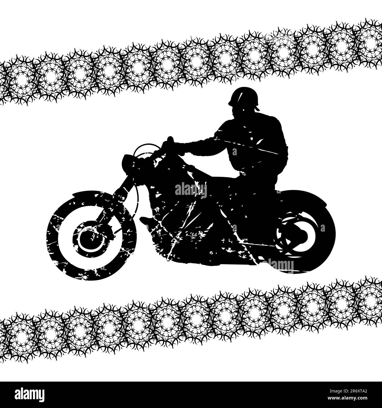 Biker grunge silhouette with ornamental stripes, vector illustration