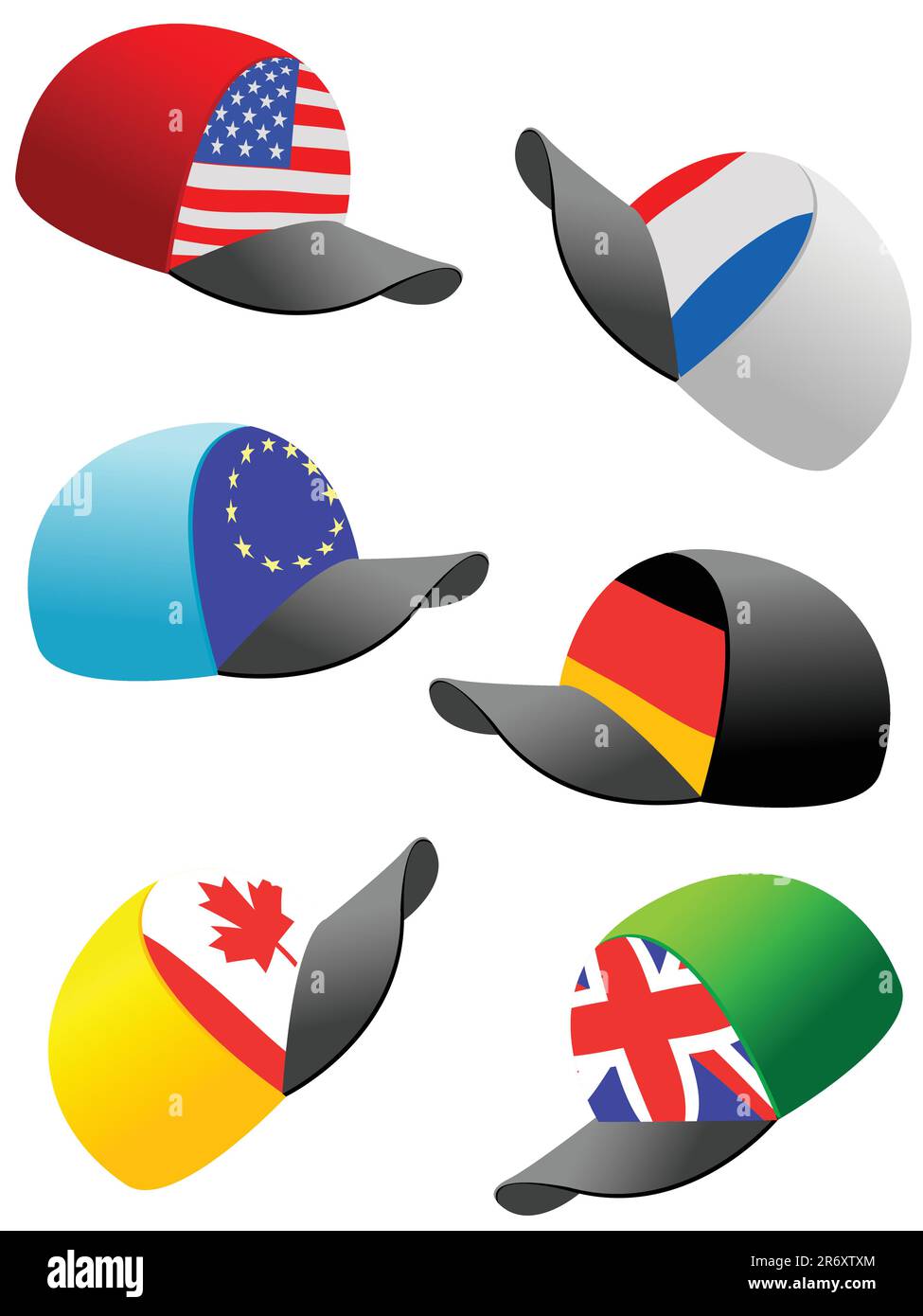 Sports caps for game in baseball with flags of the countries in a