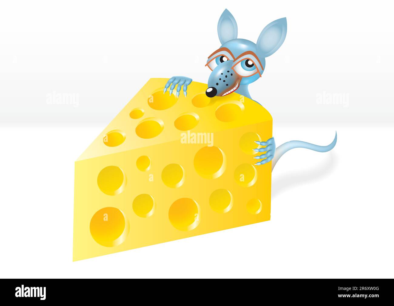 Funny cartoon mouse is stealing a piece of cheese isolated over white