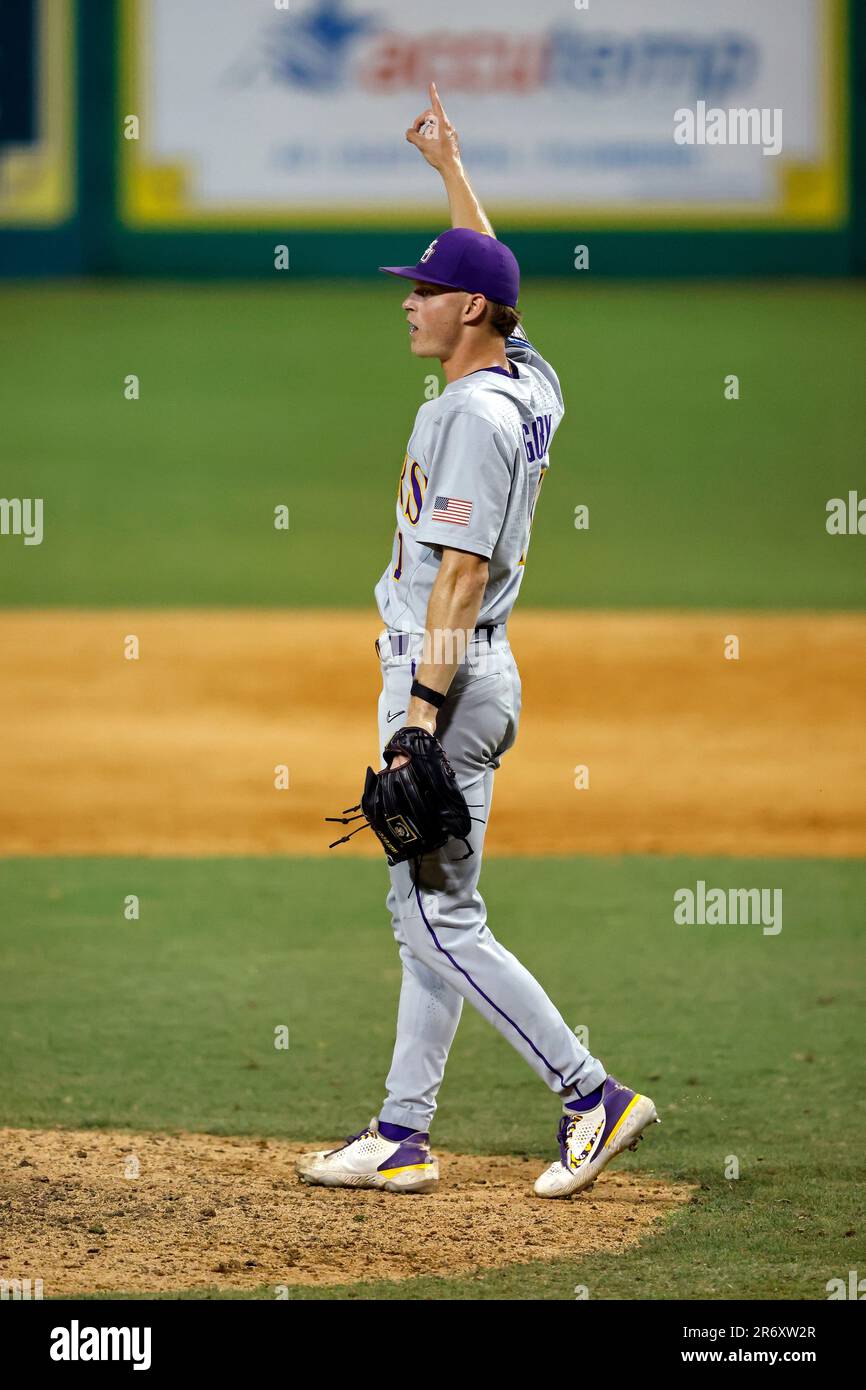LSU infielder Gavin Guidry reacts after throwing the final pitch of an NCAA college baseball
