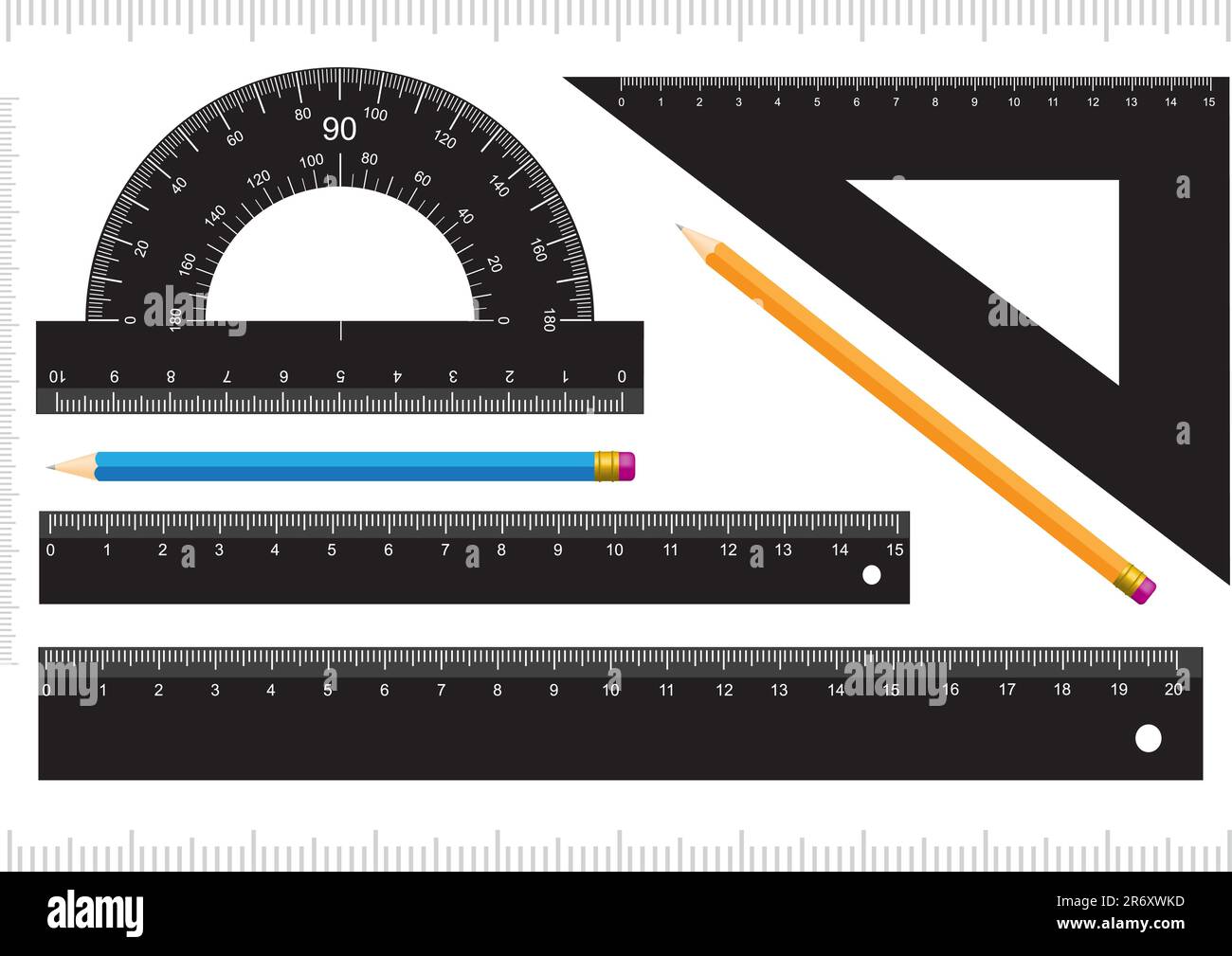 Black ruler, measuring scale, protractor and pencil isolated on white