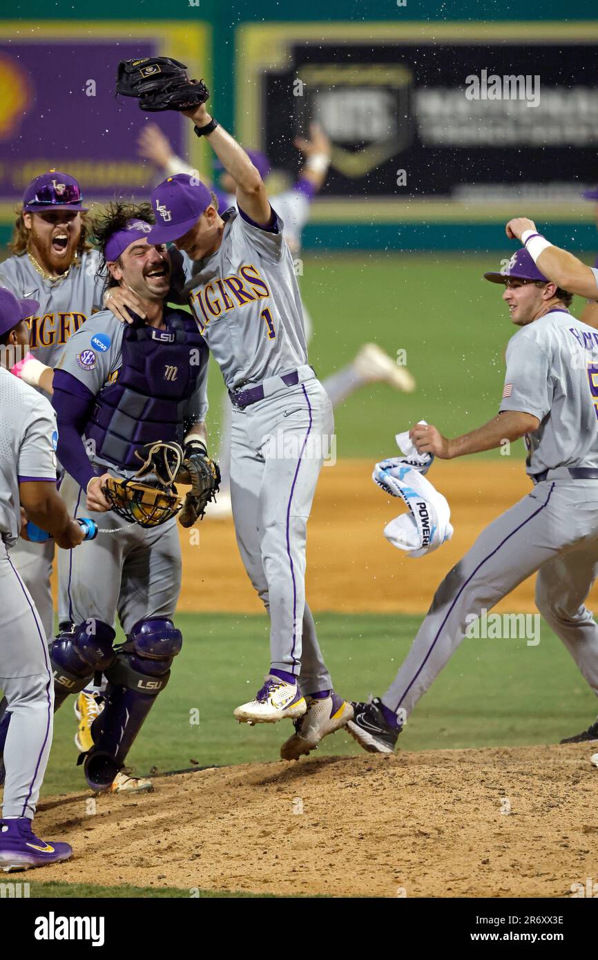 LSU infielder Gavin Guidry (1) celebrates with catcher Hayden Travinski