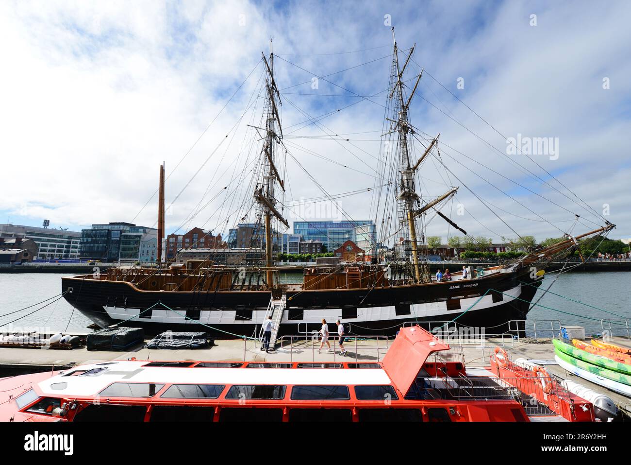 The Jeanie Johnston ship on the River Liffey in Dublin, Ireland. Stock Photo