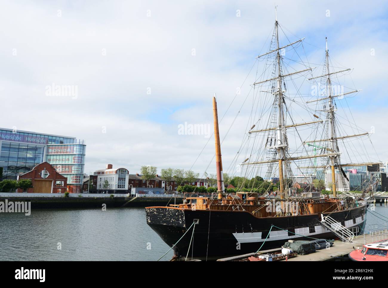 The Jeanie Johnston ship on the River Liffey in Dublin, Ireland. Stock Photo
