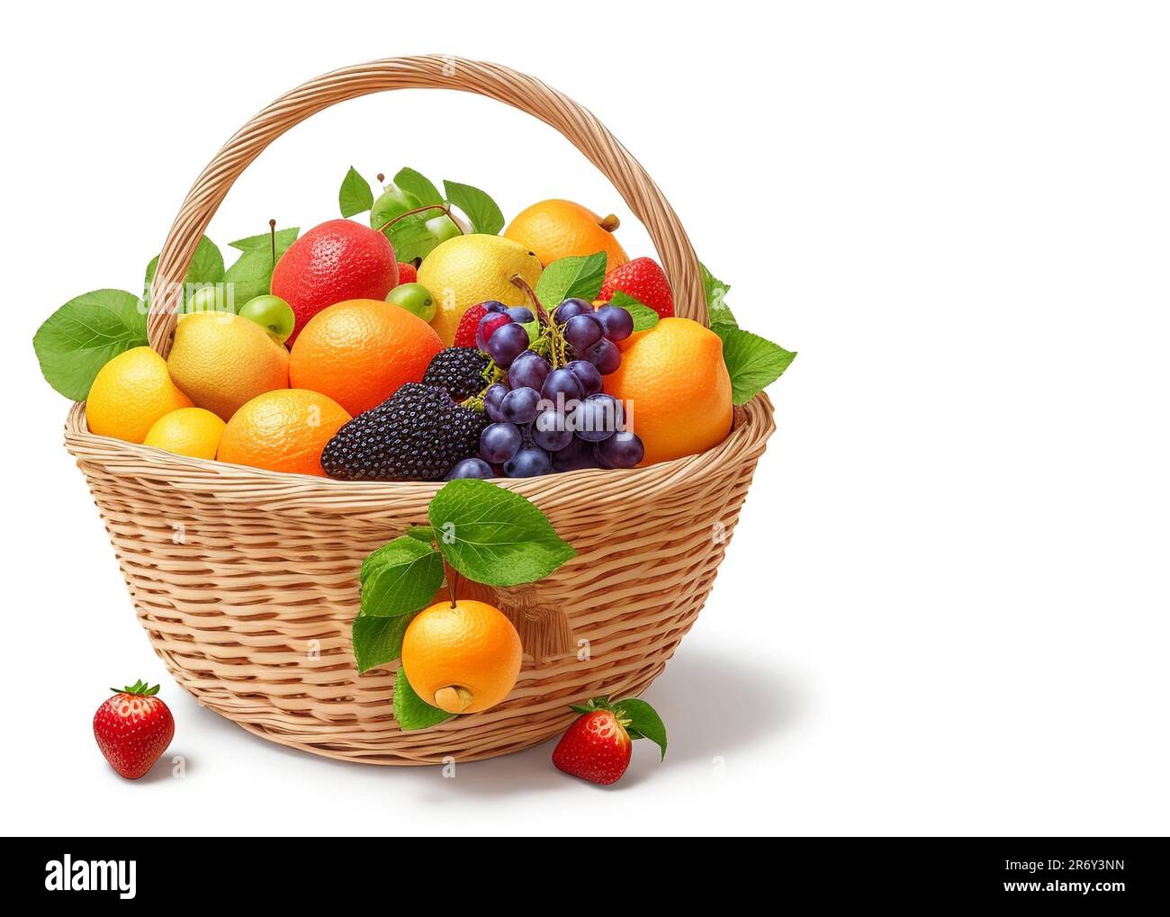 Beautiful fruits set of baskets closeup and copy space for text isolated on white background