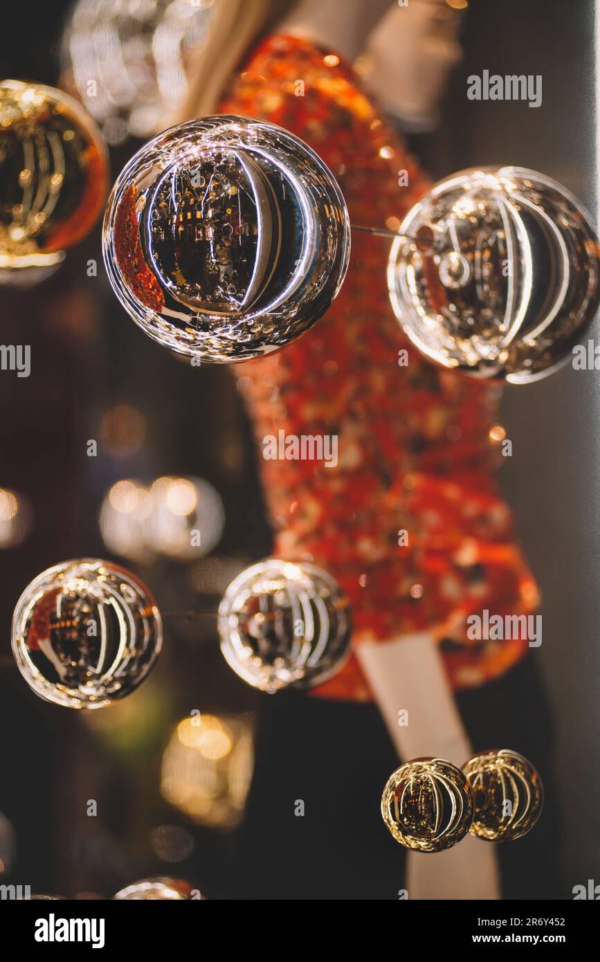 Mirror spheres Christmas neon decorations Stock Photo