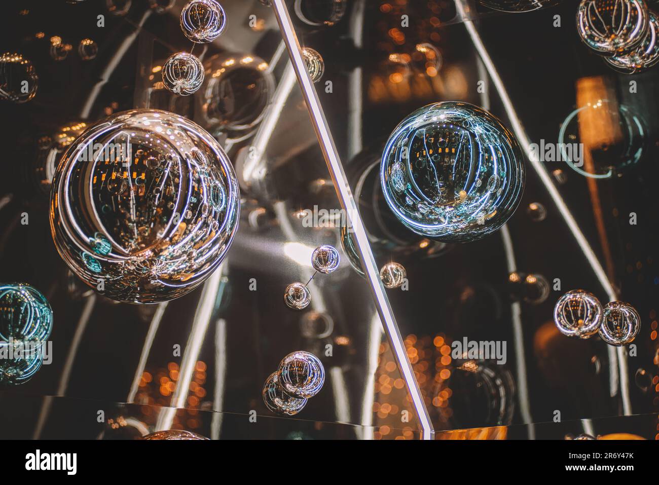 Mirror spheres Christmas neon decorations Stock Photo