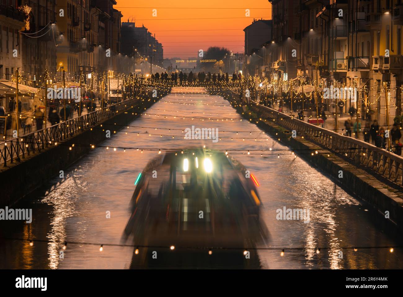 Evening illuminations in the canal in Milan Stock Photo