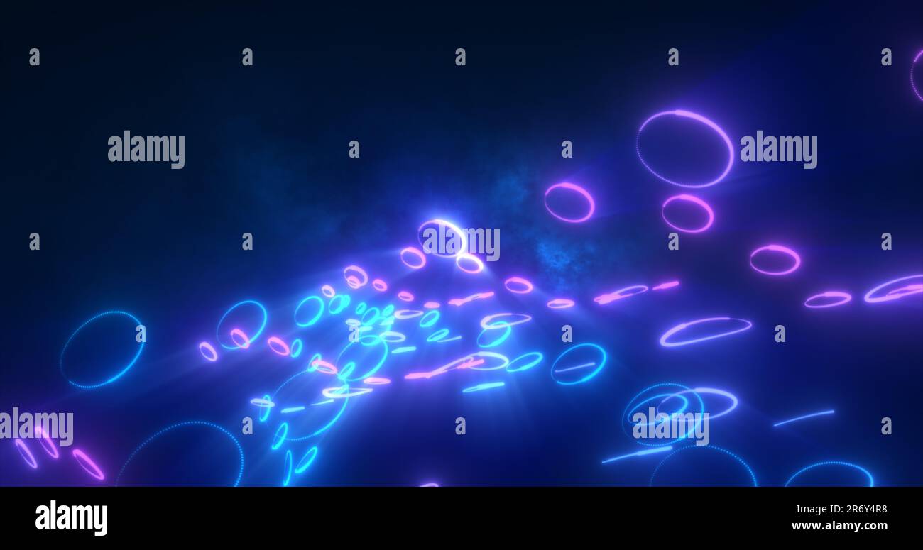 Abstract blue and purple glowing neon lines and circles energy laser ...