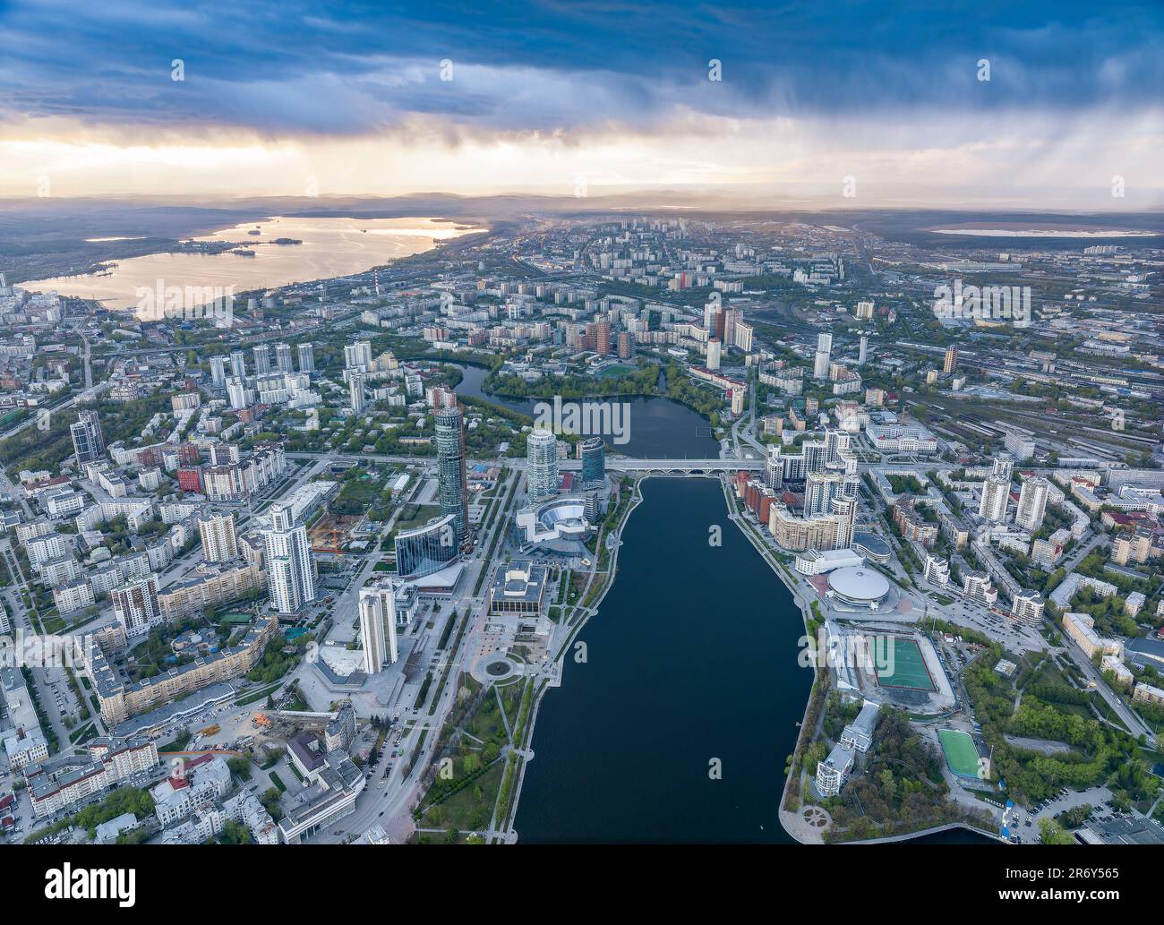 Yekaterinburg city and pond aerial panoramic view at summer sunset ...