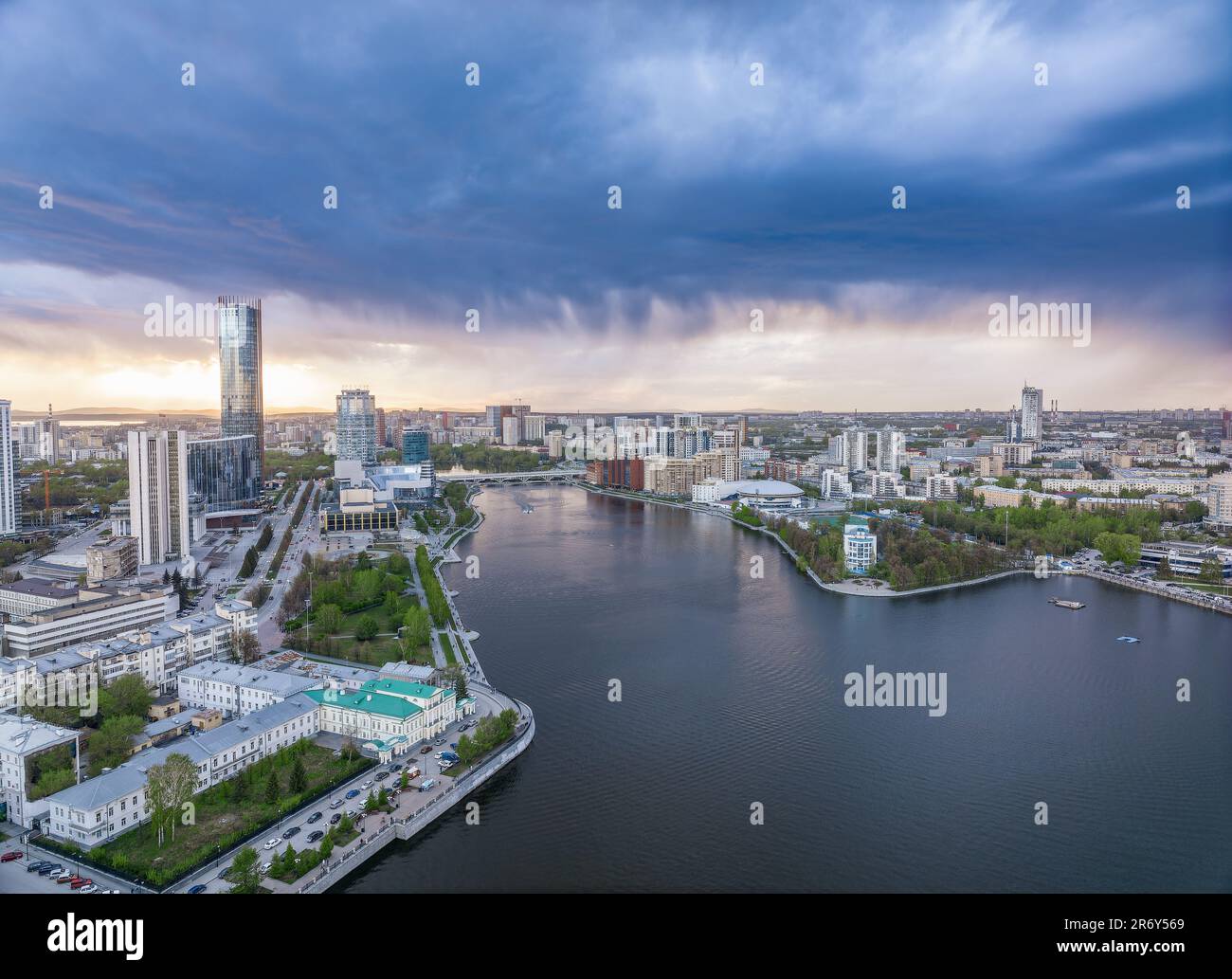 Yekaterinburg city and pond aerial panoramic view at summer sunset ...